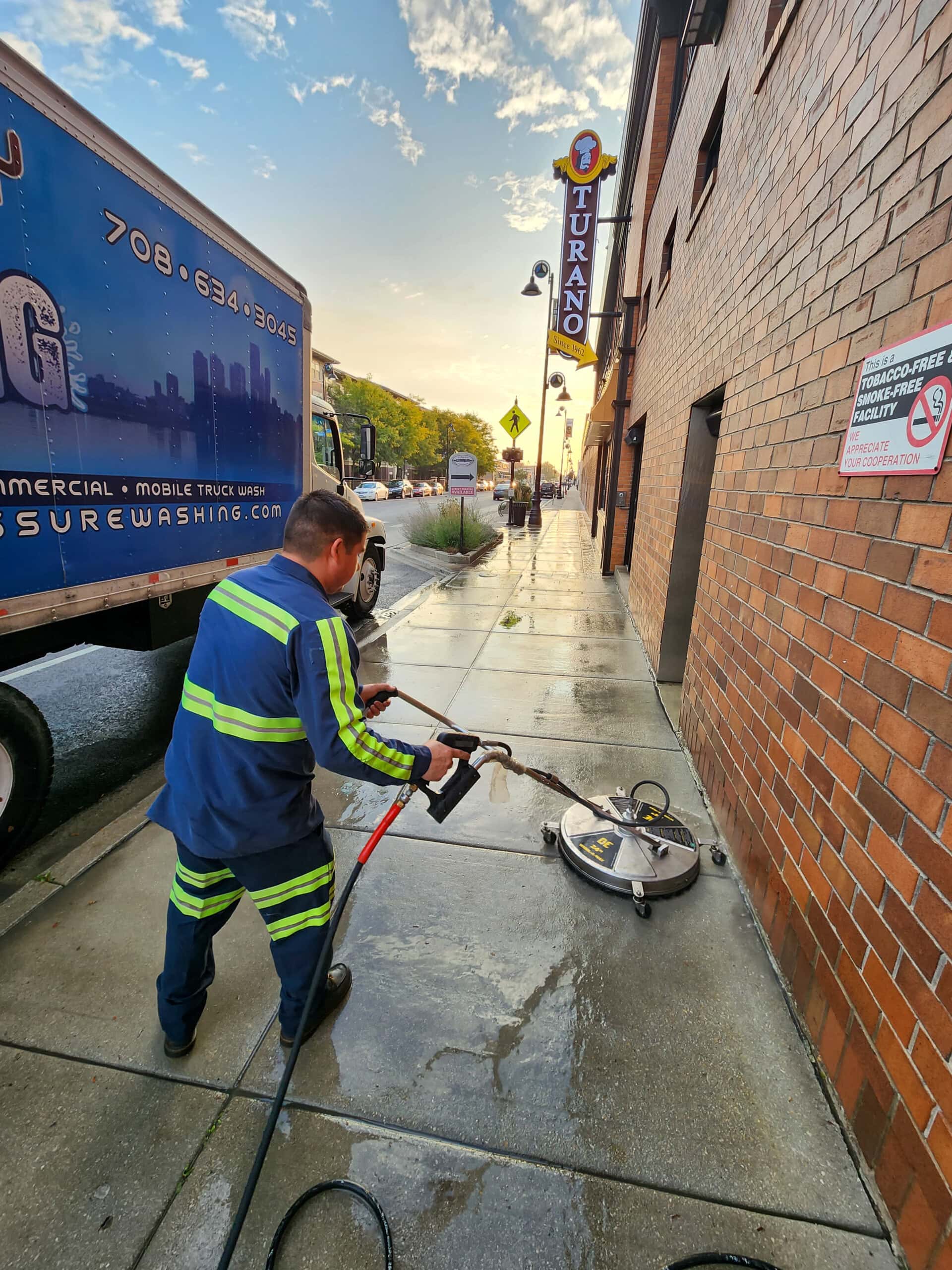 A worker in a reflective uniform is pressure washing a wet sidewalk beside a brick building with a Turano sign, while a commercial truck is parked nearby under a partly cloudy sky.