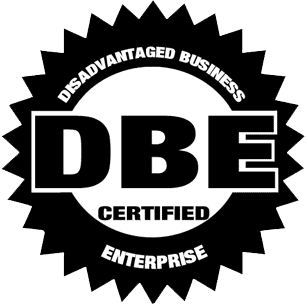 A black and white circular seal with a jagged edge, displaying DBE in large letters. Surrounding text reads Disadvantaged Business Enterprise Certified.