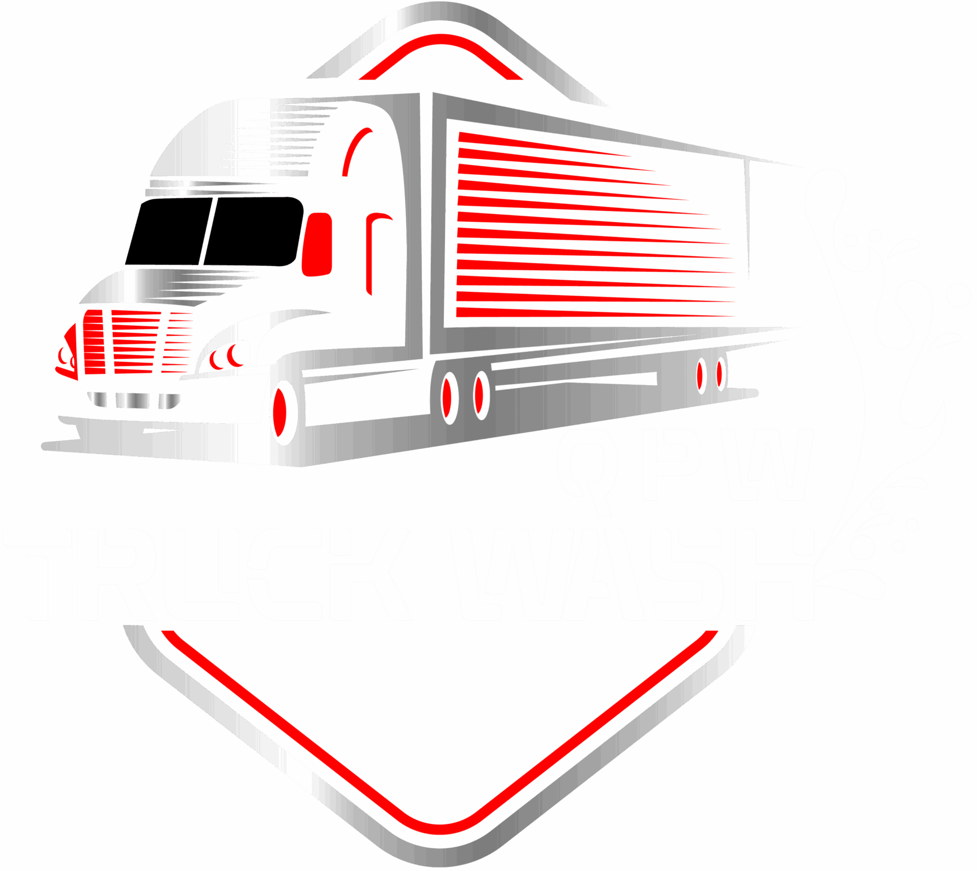 Stylized illustration of a semi-truck with red and gray accents, water splash graphics, and the text “QPW TRUCK WASH” in white bold letters underneath the truck. A red and gray outlined shield frames the image.