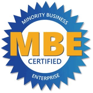A blue and gold badge displays the words Minority Business Enterprise Certified with MBE in large gold letters, indicating certification as a minority-owned business.
