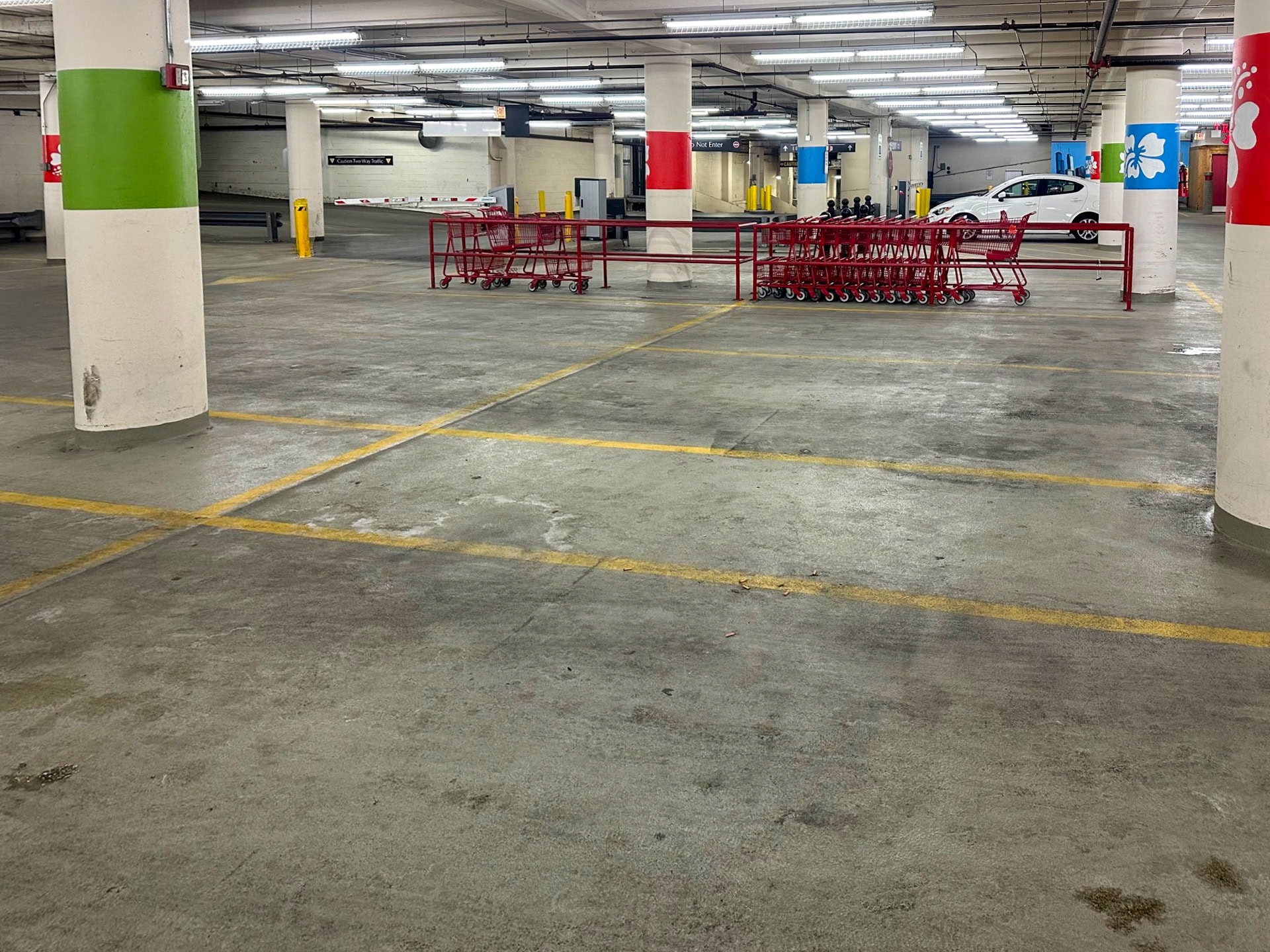 Underground parking garage with painted columns, empty parking spaces, and a group of red shopping carts gathered near the center. A few cars are visible in the background.