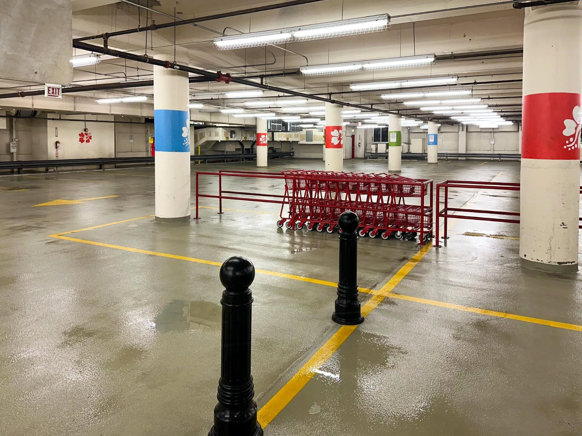A nearly empty indoor parking garage with wet floors, bright overhead lights, and two rows of red shopping carts gathered near red metal rails. White columns are painted with red, blue, and green flower designs.
