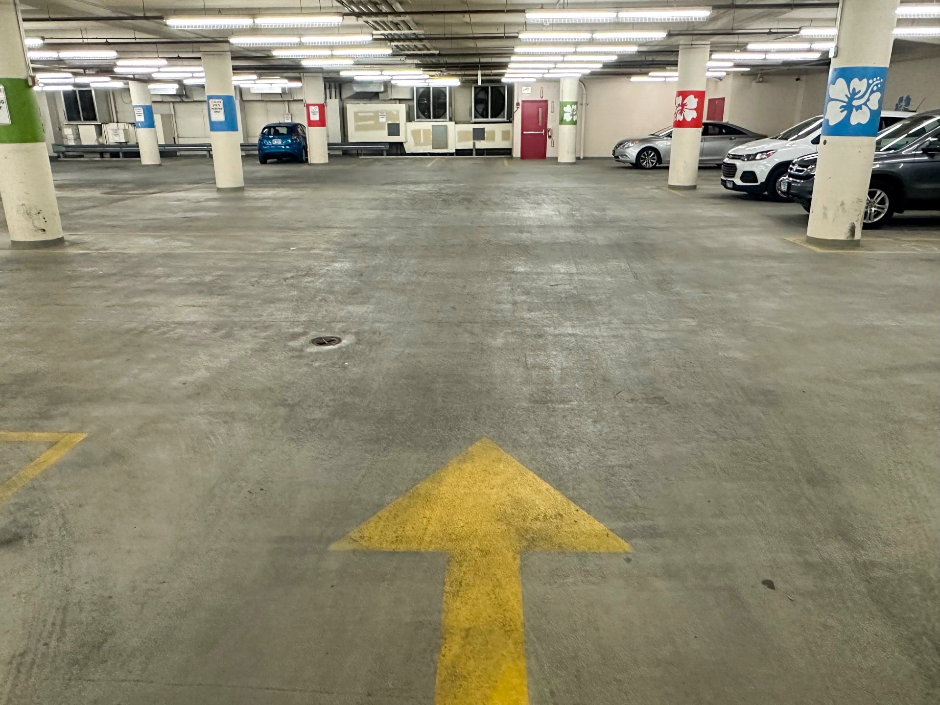 A yellow arrow painted on the floor points forward in an indoor parking garage with a few parked cars along the sides and columns marked with different colored signs.