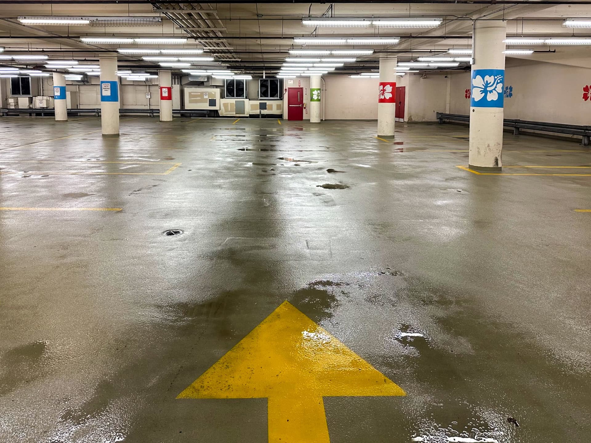 An empty underground parking garage with a wet floor, yellow directional arrow pointing forward, columns with blue and red signs, and fluorescent lighting overhead.
